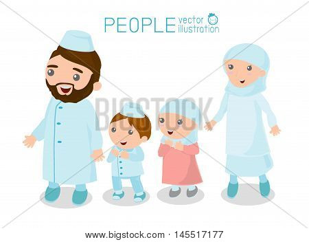 Happy Muslim family cartoon on white background, Happy cartoon family. Muslim people. Vector Illustration