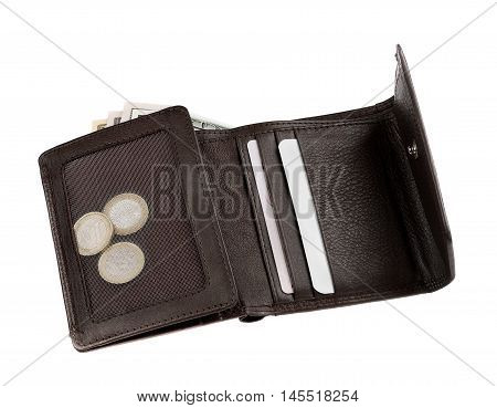 Brown leather wallet or purse with money isolated on white background.