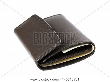 Brown leather wallet or purse with money isolated on white background.