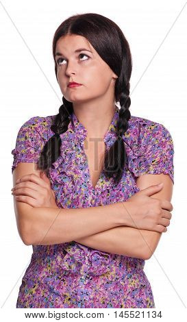 Thoughtful young pretty girl isolated on white background