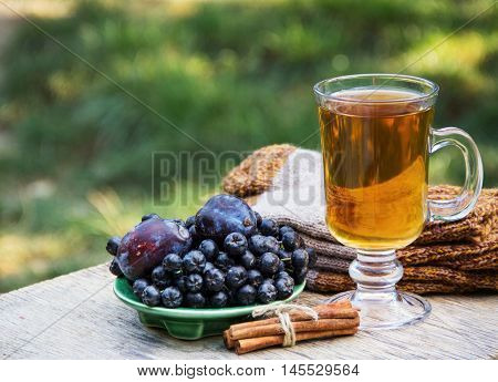 Hot tea with cinnamon, plum and black chokeberry. Autumn concept. Autumn harvest