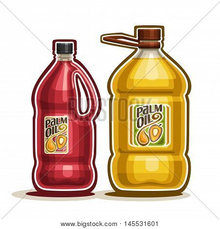 Vector logo 2 big yellow plastic Bottle with Palm Oil fruits and label, gallon canister filled pure cooking oil, cartoon large container with red liquid with cap and handle, closeup isolated on white.