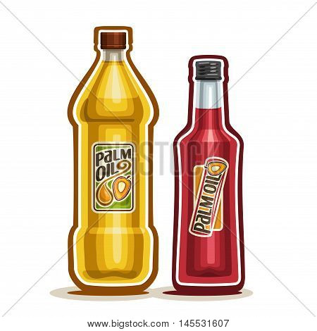 Vector logo 2 yellow plastic and red glass Bottle with pure Palm Oil fruits and label, bottles refined virgin cooking oil, cartoon container natural organic liquid with cap, closeup isolated on white