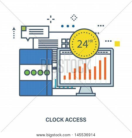 Concept of 24 hour access and office work. Color Line icons. Flat Vector illustration