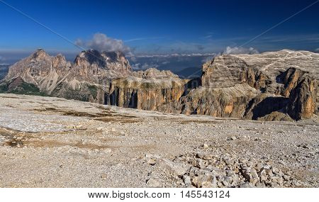 Sella group and Sassolungo mount from Sass Pordoi Italian Dolomites