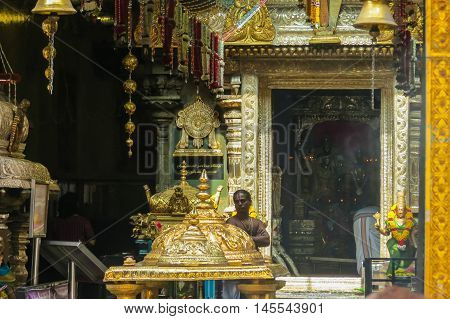 SINGAPORE, REPUBLIC OF SINGAPORE - JANUARY 08, 2014: Interior of the Hindu temple, Singapore