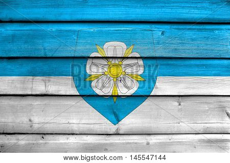Flag Of Viljandi With Coat Of Arms, Estonia, Painted On Old Wood Plank Background