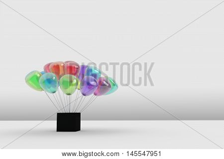 Many Gauzy Colorful Balloon Planting At A Black Box On Abstract White Floor And Wall In The Room,abs
