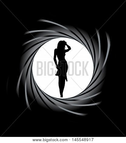 Looking down the bore of a rifled barrel at a sexy woman