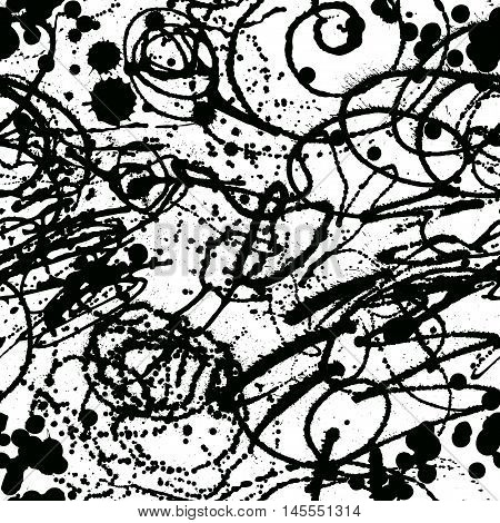 Splattered with dots seamless wallpaper pattern. Hand-drawn sprayed blots painted illustration. Artistic design of ink splashes on the surface. Creative backdrop elements for textile. Grunge texture.