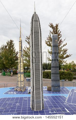 GUNZBURG GERMANY - AUG 18 2016: Highest buildings in the world at the Legoland Deutschland theme park in Gunzburg Germany