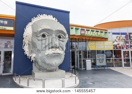 GUNZBURG GERMANY - AUG 18 2016: Albert Einstein bust at the Lego Academy in Legoland Deutschland in Guenzburg Baden Wurtemberg Germany