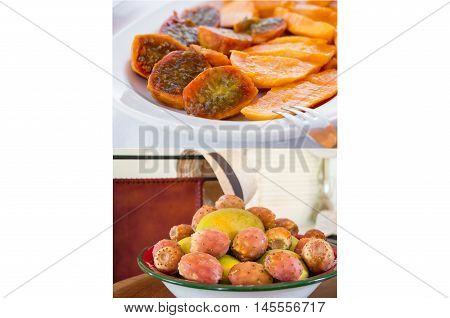 2 phothos collage of ripe mango and prickly pear cactus fruits and ready salad of its on the white background. Two photos collage of mango and prickly pear cactus fruits and salad. Horizontal. Close.