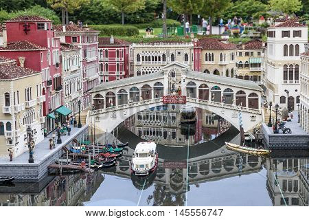 GUNZBURG GERMANY - AUG 18 2016: Mini Venice with the Rialto bridge at the Legoland Deutschland theme park in Gunzburg Germany