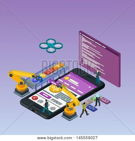 Mobile App Development, Experienced Team. Flat 3d isometric black phone. Manipulator robot robotized. Web development and UI design concept. Html code to the screen.