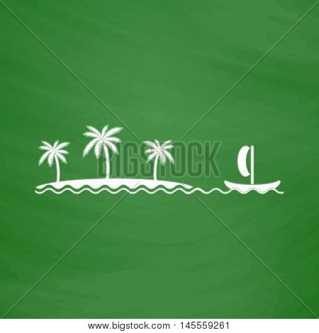Island Simple vector button. Imitation draw icon with white chalk on blackboard. Flat Pictogram