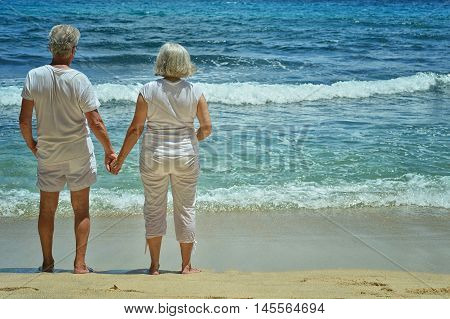 Happy elderly couple rest at tropical beac