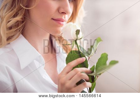 White beauty. Cropped image of young cheerful and sensitive woman smelling a white rose