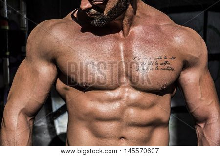 Handsome Muscular Shirtless Hunk Man Outdoor in City Setting. Showing Healthy Body While Looking away