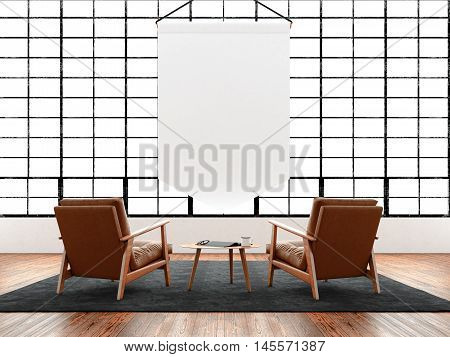Modern interior studio loft huge panoramic window, natural color floor.Generic design furniture in contemporary business conference hall.Chillout lounge zone.Blank white pennant hanging. 3D rendering