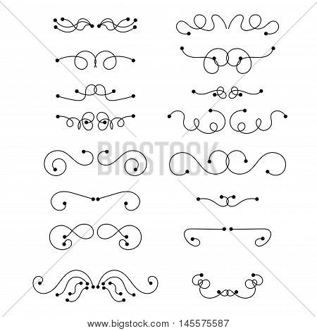 Abstract black thin line curly headers. Retro design element set isolated on white background. Dividers in linear style. Hand drawn swirls. Vector illustration.