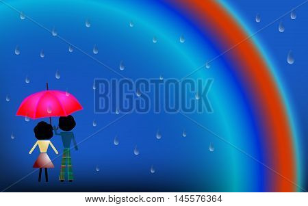 couple in love under the rain and rainbow