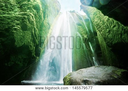  Gljufrabui waterfalls inside a cave, Iceland