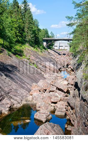 Imatra. Finland. The canyon of Imatrankoski (The Imatra Rapid) on The Vuoksi River. On the right side is Kruununpuisto Park.