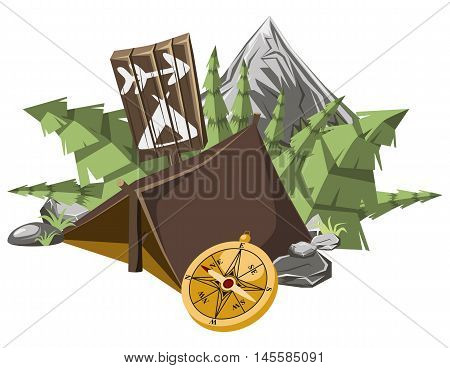 Camping poster in isometric flat style. Hiking composition in isometric elments