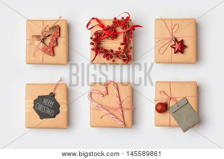 Christmas gift boxes with homemade wrapping ideas.View from above. Flat lay