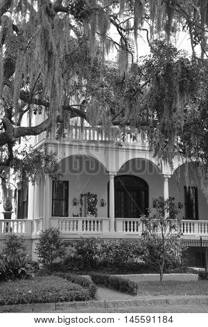 SAVANNAH, GEORGIA USA APRIL 22, 2016: Typical house in downtown Savannah. The city of Savannah was laid out in 1733 around four open squares.