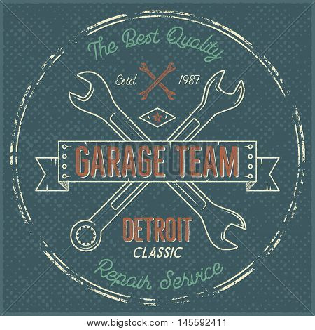 Garage service vintage label, tee design. Detroit classic, repair service typography print. T-shirt stamp, teeshirt graphic, premium retro artwork. Use also as emblem, logo on web projects. Vector.