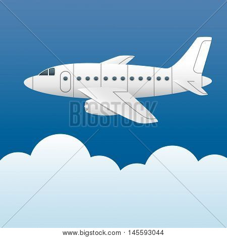 White plane on a background of blue sky and white clouds. Cartoon style. Vector Image.