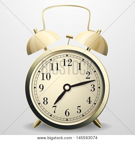 Alarm clock. Mechanical table clock with arrows, dial and metal bell percussion.
