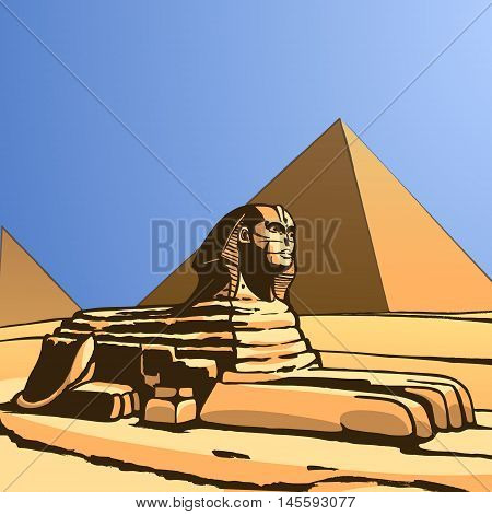 Sphinx  and Great Pyramid. Ancient statue. Vector Image.