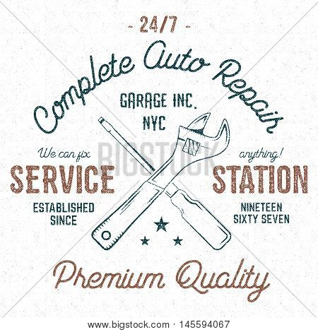 Service station vintage label, tee design graphics, complete auto repair service typography print. Custom t-shirt stamp, teeshirt graphic. Use as tee shirt print, emblem, logo on web. Vector.