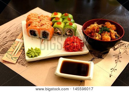 sushi rolls and noodles for a romantic dinner for two