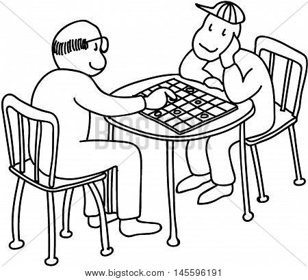 young boy playing checkers with grandpa elderly man