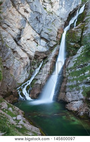 Waterfall on Savica river Lake Bohinj Slovenia.