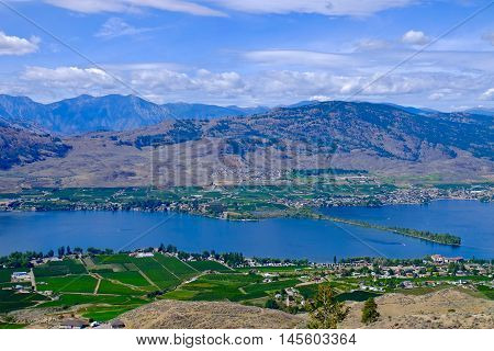Orchards, vineyards, lake and mountains. 
Osoyoos. British Columbia. Canada.