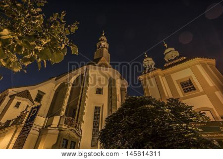 Night church in Ceske Budejovice city in summer day