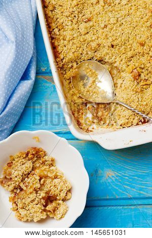 apple cramble with oat flakes. top view. selective focus