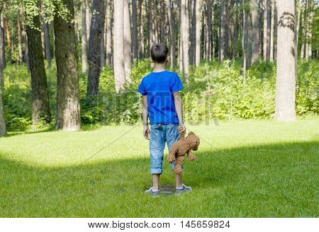 Sad childy is holding a brown teddy bear and standing on the meadow. Back view. adness fear frustration loneliness concept