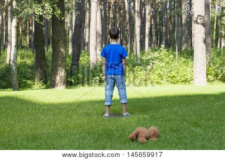 Sad child standing on the meadow. Brown teddy bear behind him. Forest or park background. Sunny day. Sadness, fear, frustration, loneliness concept