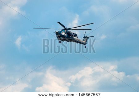 MOSCOW REGION RUSSIA - APRIL 20 2016: Russian Air Force Mi-28 "Havoc" attack helicopter climbing out of the Kubinka airbase to training flight for the Great Victory Day military parade
