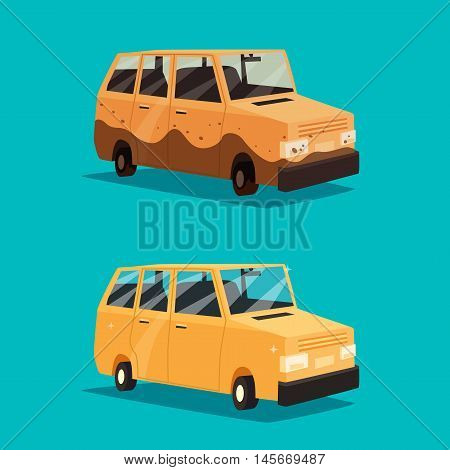Dirty and clean car. American automobile. Cartoon vector illustration. Car wash. Dirt and shining clean car isolated. Design element.
