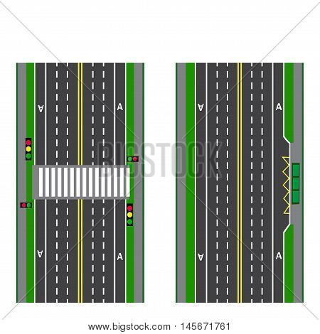 A set of road sections. Stop. Transition. Bicycle paths, sidewalks and intersections. View from above. Vector illustration