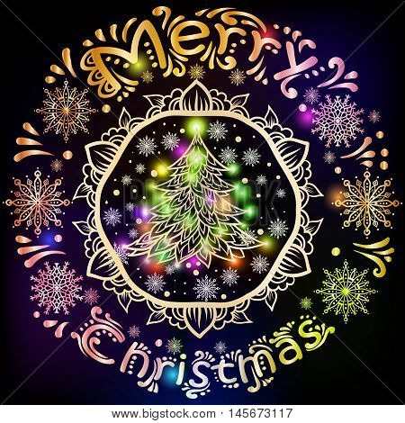 Merry Christmas Card With Christmas Tree And Snowflakes. Elegant Painstakingly Drawn Snowflakes. Han