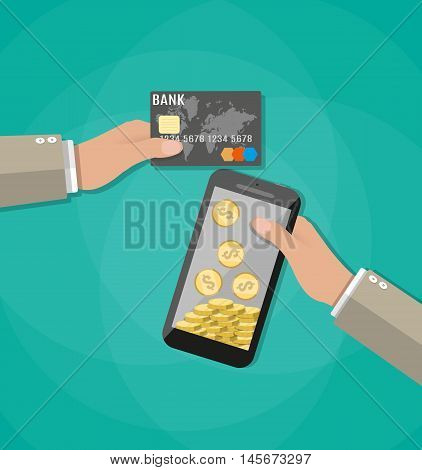 Hand holding mobile phone with gold coins inside and bank card. Mobile payment, mobile banking, money transfer. vector illustration in flat style