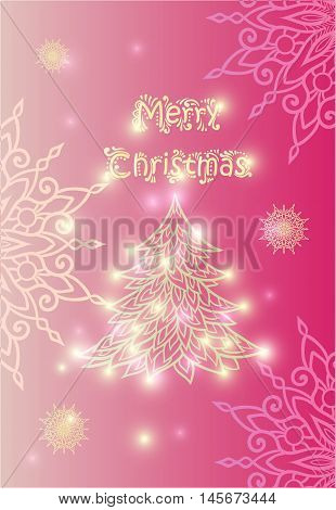 Merry Christmas Card With Christmas Tree And Snowflakes. Elegant Painstakingly Drawn Snowflakes And 